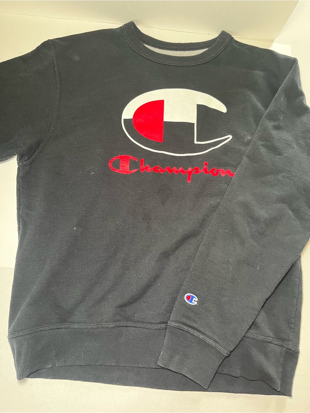 Champion Black Crewneck with Red & Blue Script Logo
